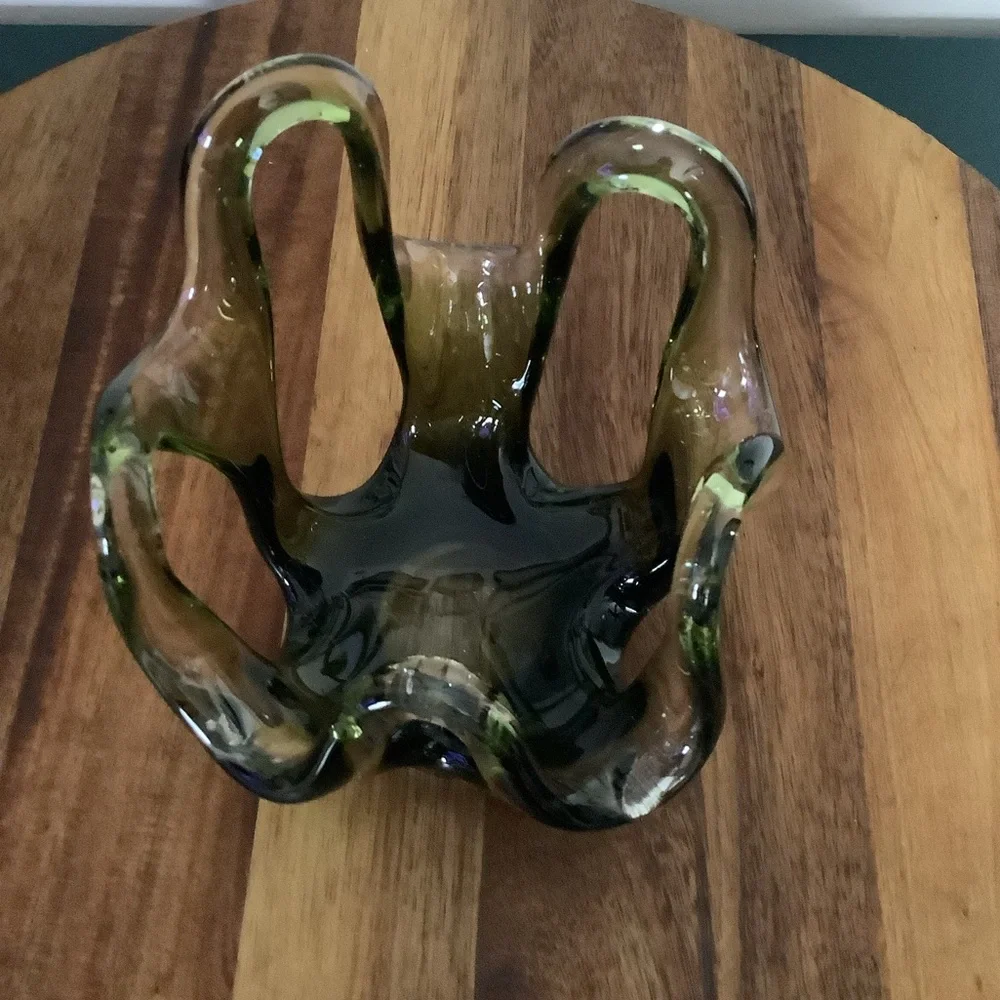 Vintage Murano Style Art Glass Bowl Votive | Olive Green Smoky Glass - Picture 5 of 9